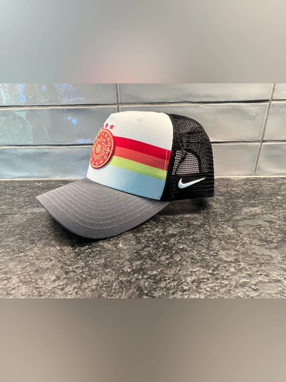 Nike Multicolor Striped Trucker Hat with Gray Bill